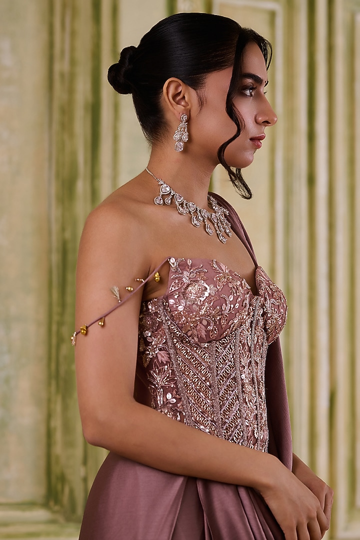 Rose Gold Pink Shaded Italian Draped Wedding Saree Set by Muditaa By Urmila at Pernia's Pop Up Shop