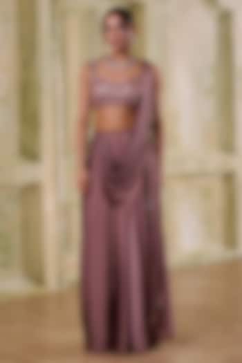 Rose Gold Pink Shaded Italian Satin Draped Wedding Saree Set by Muditaa By Urmila at Pernia's Pop Up Shop