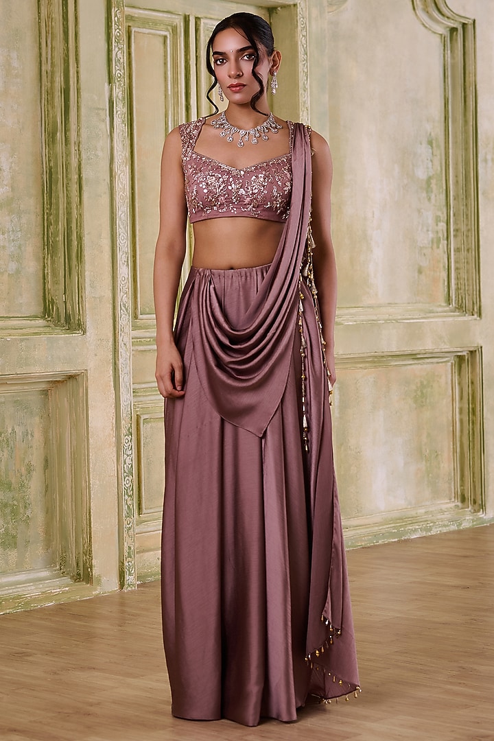 Rose Gold Pink Shaded Italian Satin Draped Wedding Saree Set by Muditaa By Urmila at Pernia's Pop Up Shop