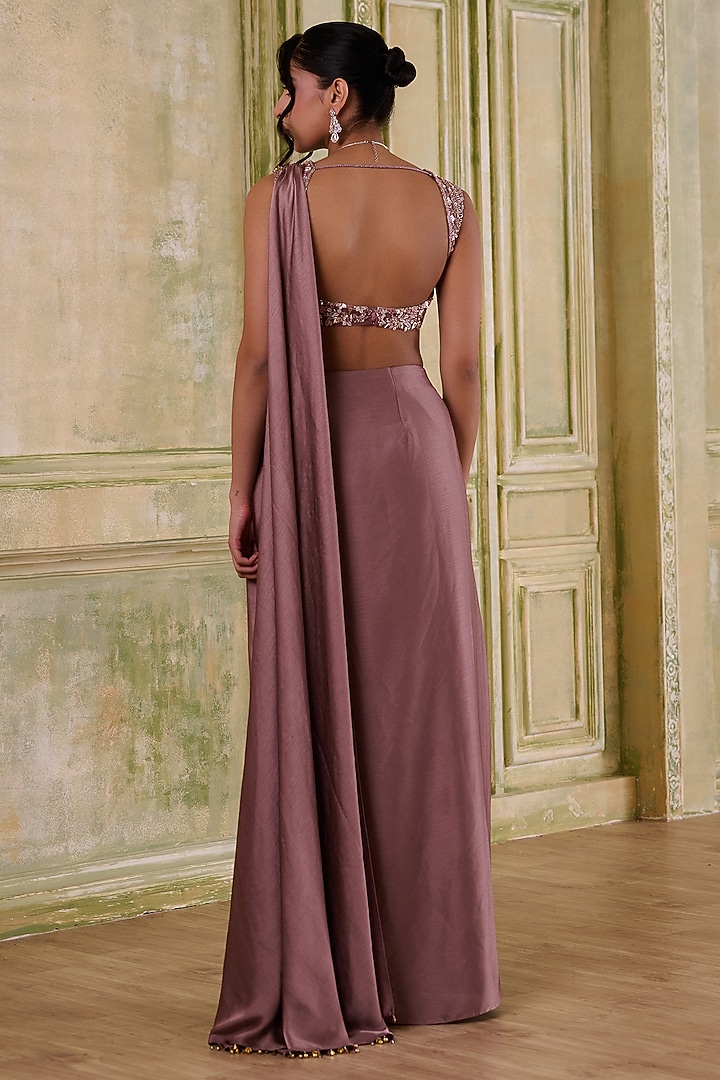 Rose Gold Pink Shaded Italian Satin Draped Wedding Saree Set by Muditaa By Urmila at Pernia's Pop Up Shop