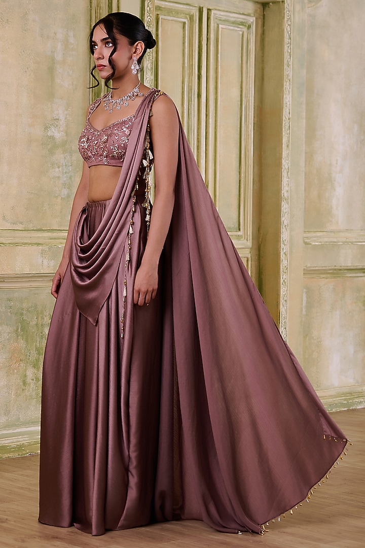 Rose Gold Pink Shaded Italian Satin Draped Wedding Saree Set by Muditaa By Urmila at Pernia's Pop Up Shop