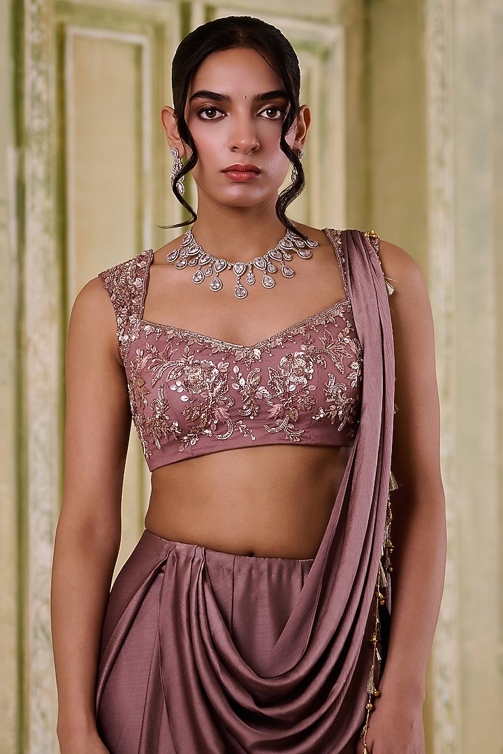 Rose Gold Pink Shaded Italian Satin Draped Wedding Saree Set by Muditaa By Urmila at Pernia's Pop Up Shop