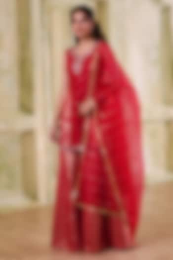 Red Brocade Chanderi Embroidered Wedding Sharara Set by Muditaa By Urmila at Pernia's Pop Up Shop