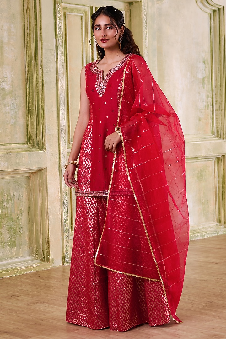 Red Brocade Chanderi Embroidered Wedding Sharara Set by Muditaa By Urmila at Pernia's Pop Up Shop