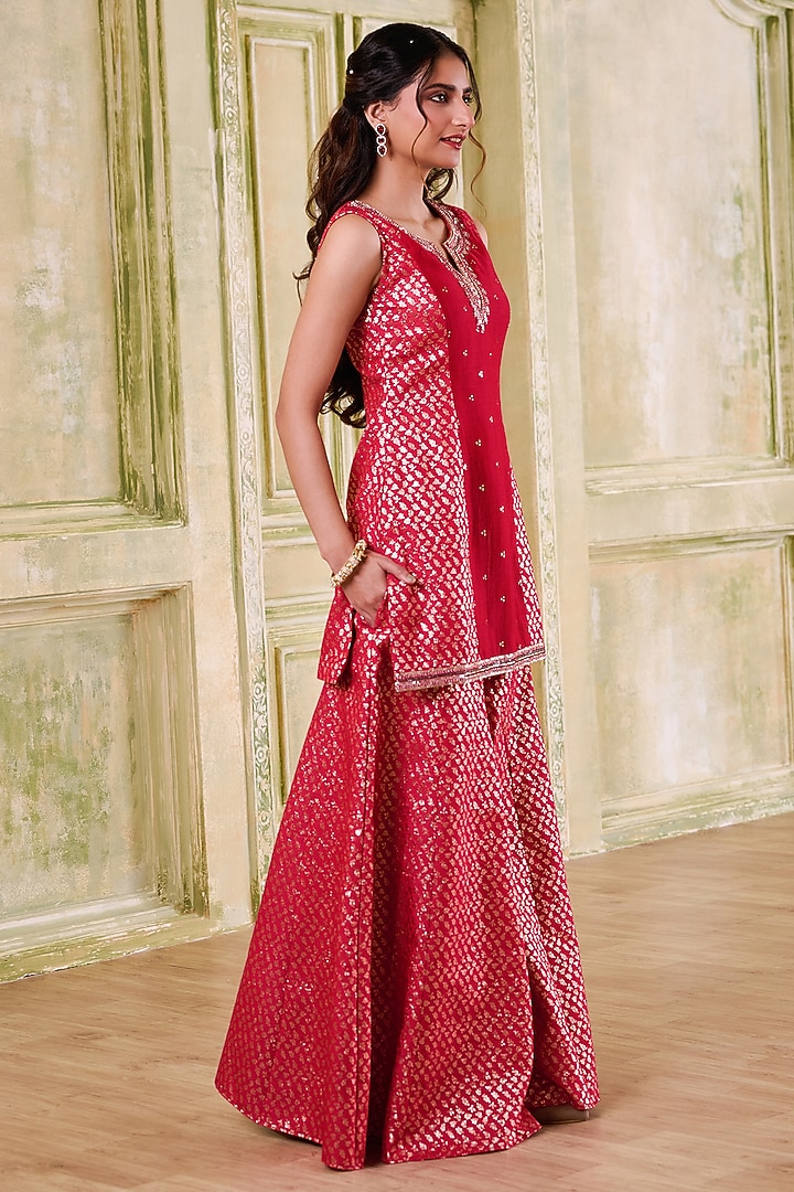 Red Brocade Chanderi Embroidered Wedding Sharara Set by Muditaa By Urmila at Pernia's Pop Up Shop