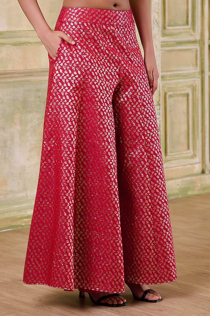 Red Brocade Chanderi Embroidered Wedding Sharara Set by Muditaa By Urmila at Pernia's Pop Up Shop