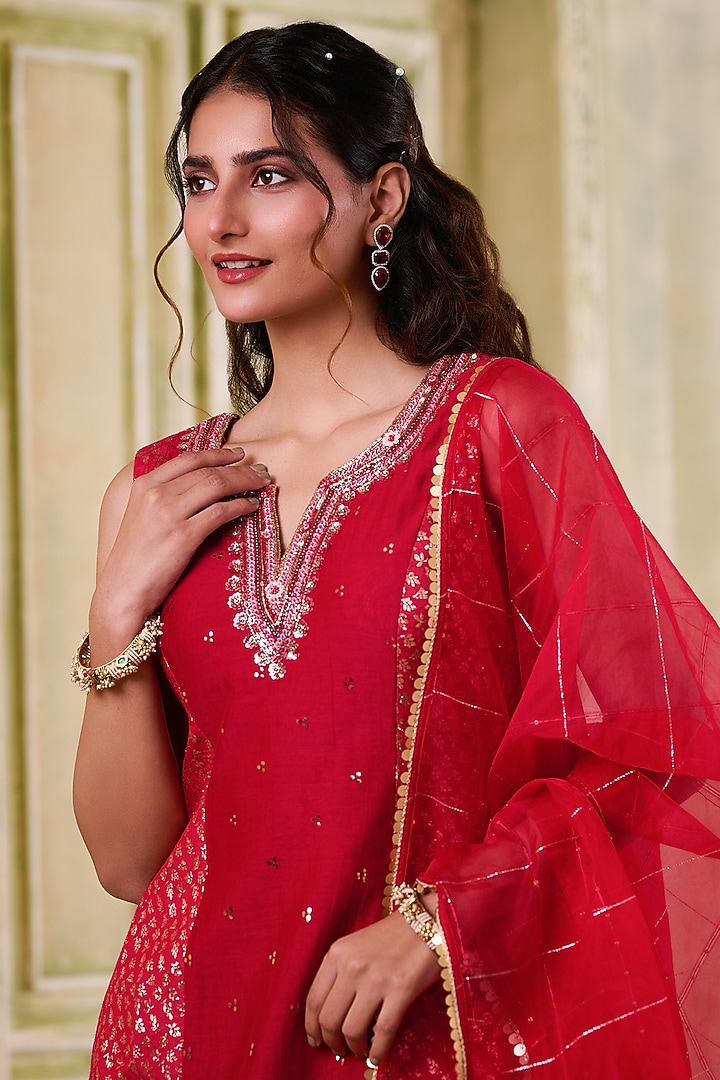 Red Brocade Chanderi Embroidered Wedding Sharara Set by Muditaa By Urmila at Pernia's Pop Up Shop