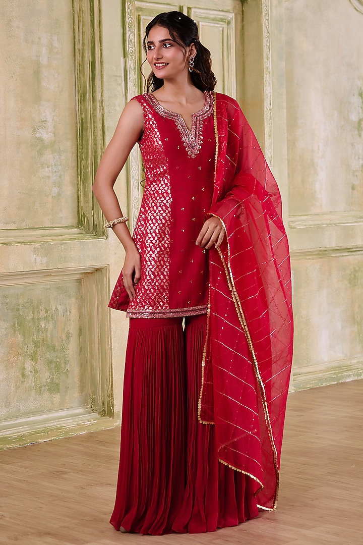 Red Georgette Embroidered Gharara Set by Muditaa By Urmila at Pernia's Pop Up Shop