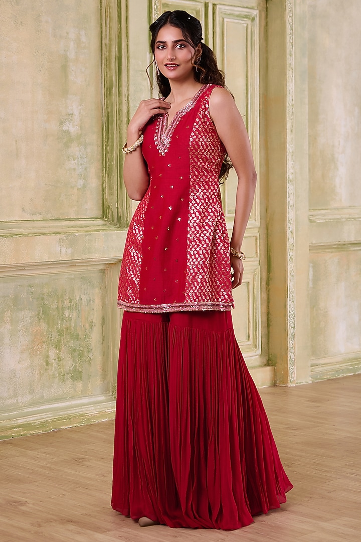 Red Georgette Embroidered Gharara Set by Muditaa By Urmila at Pernia's Pop Up Shop