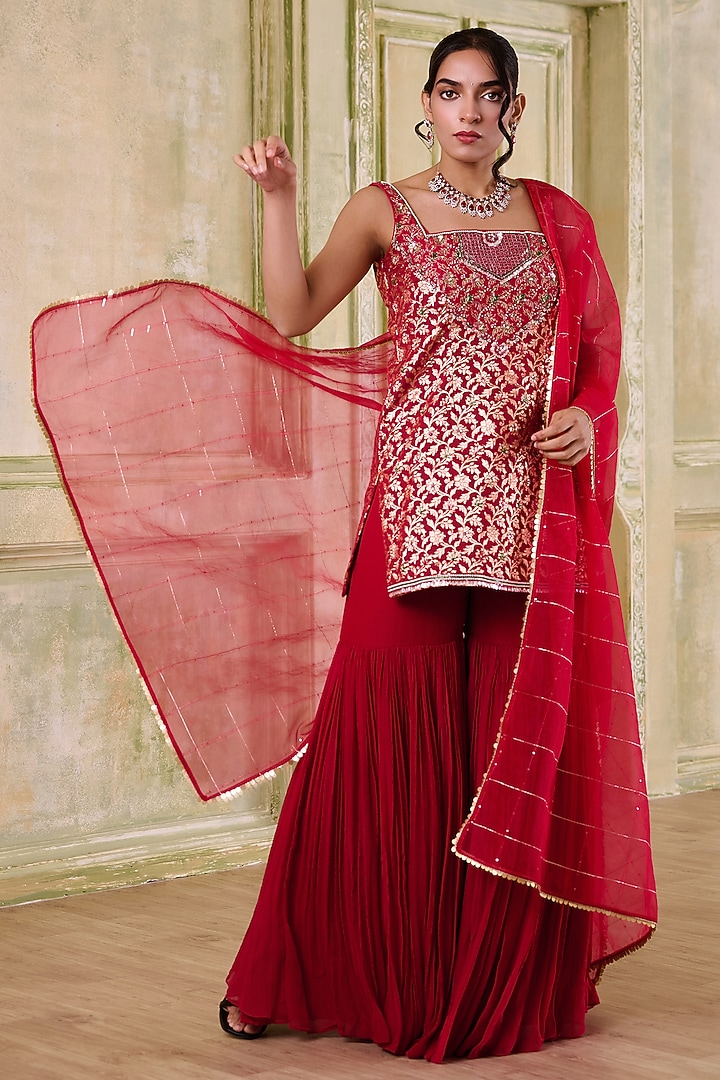 Red Georgette Embroidered Gharara Set by Muditaa By Urmila at Pernia's Pop Up Shop