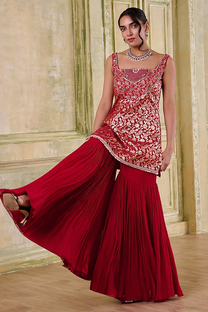 Red Georgette Embroidered Gharara Set by Muditaa By Urmila at Pernia's Pop Up Shop