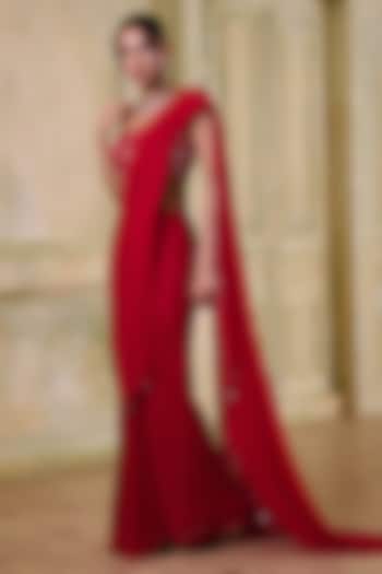 Red Georgette Draped Wedding Saree Set by Muditaa By Urmila at Pernia's Pop Up Shop