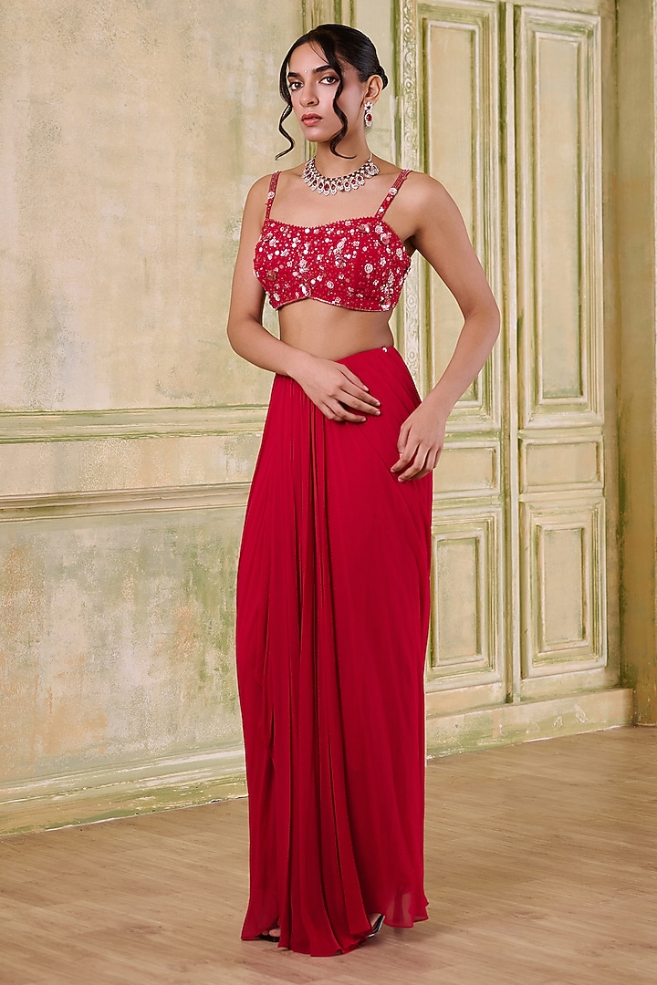 Red Georgette Draped Wedding Saree Set by Muditaa By Urmila at Pernia's Pop Up Shop