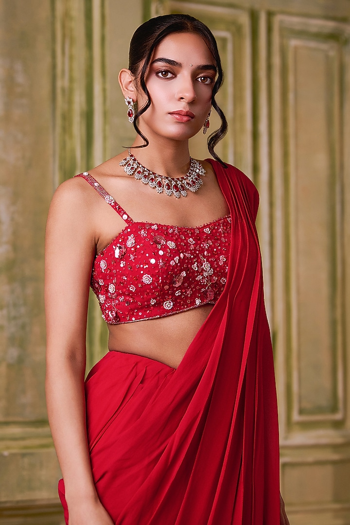Red Georgette Draped Wedding Saree Set by Muditaa By Urmila at Pernia's Pop Up Shop