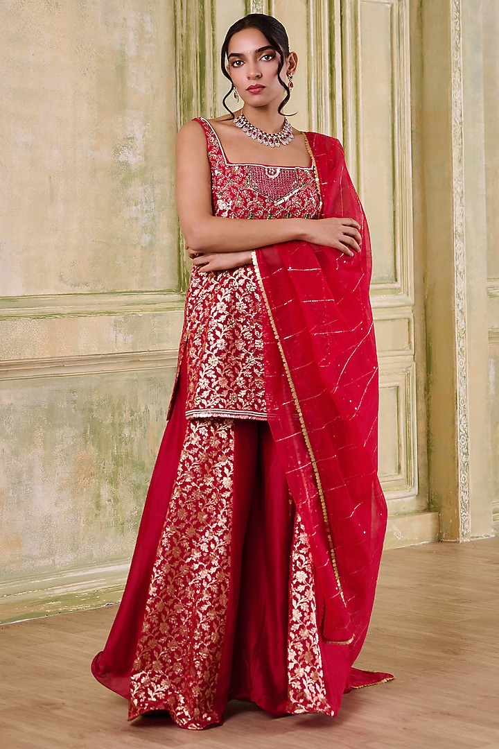 Red Brocade Chanderi Wedding Sharara Set by Muditaa By Urmila at Pernia's Pop Up Shop