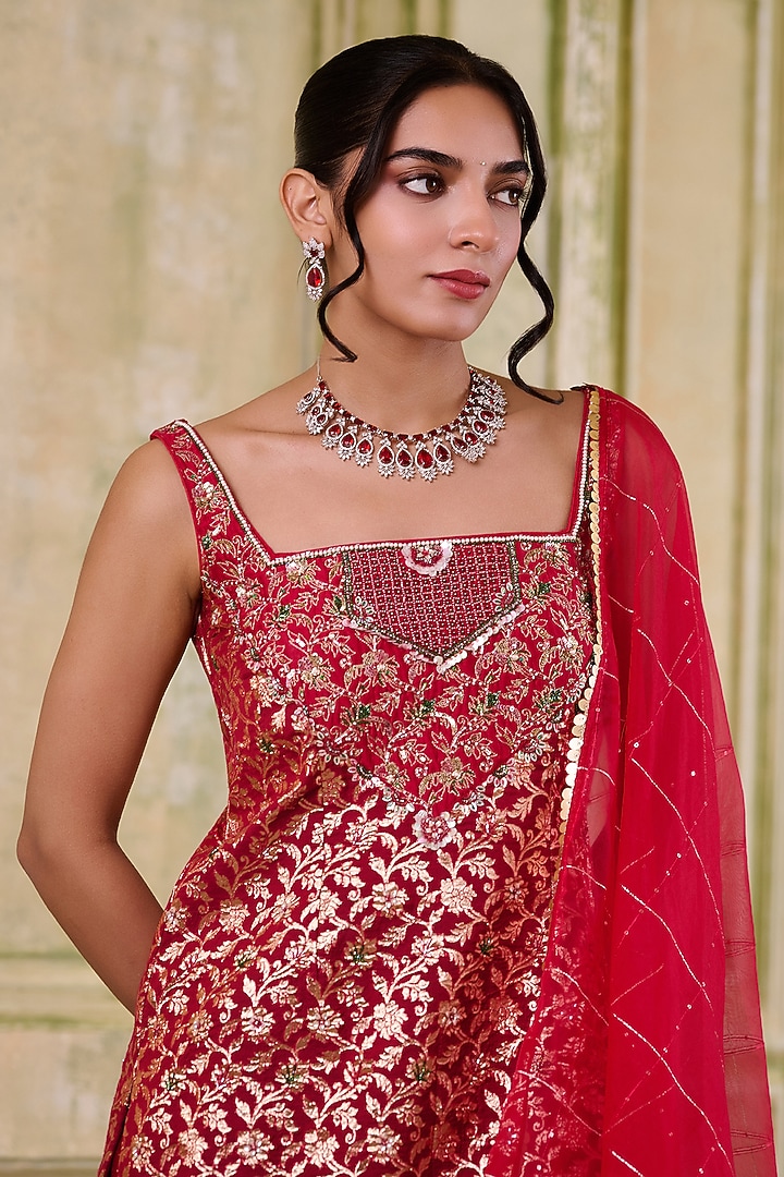 Red Brocade Chanderi Wedding Sharara Set by Muditaa By Urmila at Pernia's Pop Up Shop
