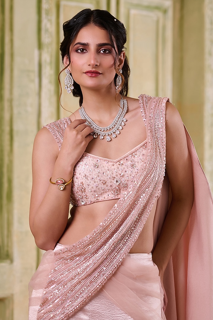 Blush Pink Italian Fish-Tail Skirt Wedding Saree Set by Muditaa By Urmila at Pernia's Pop Up Shop