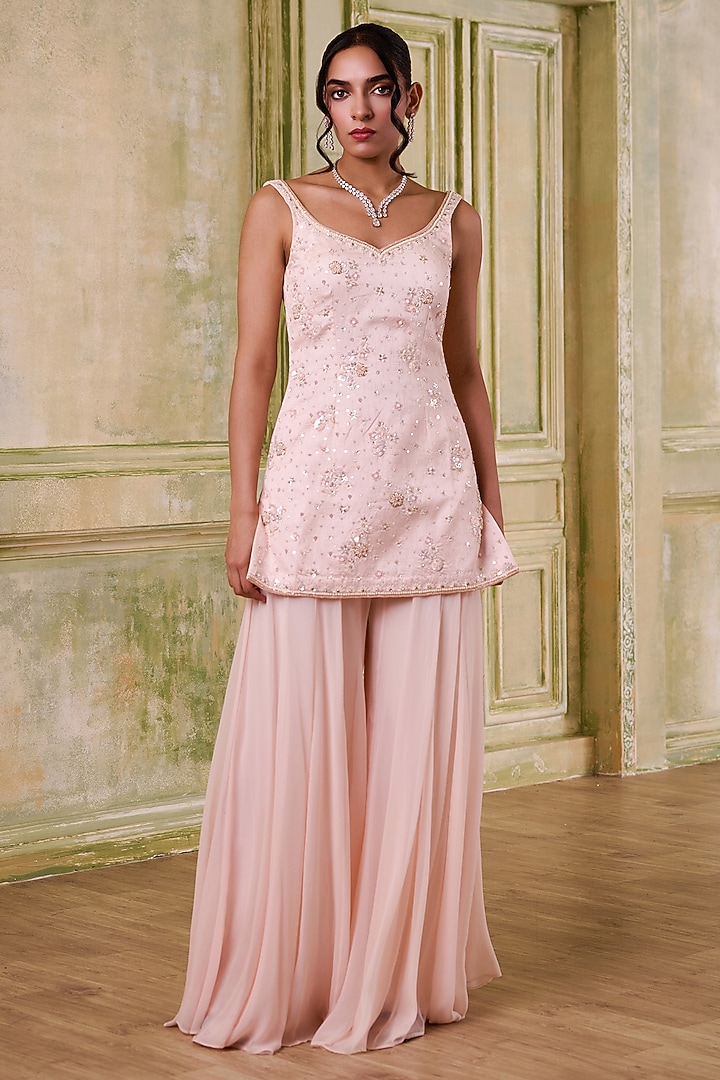 Blush Pink Georgette Wedding Sharara Set by Muditaa By Urmila at Pernia's Pop Up Shop