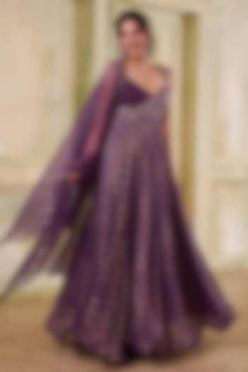 Plum Georgette Motif Embroidered Wedding Anarkali Set by Muditaa By Urmila at Pernia's Pop Up Shop