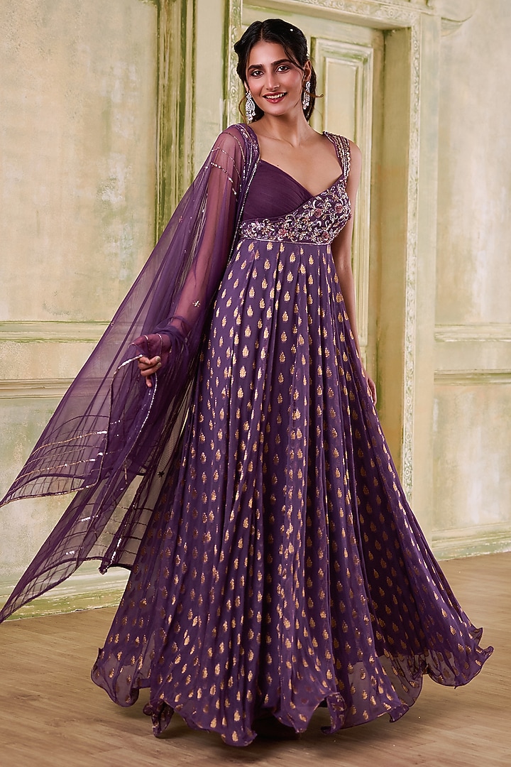 Plum Georgette Motif Embroidered Wedding Anarkali Set by Muditaa By Urmila at Pernia's Pop Up Shop