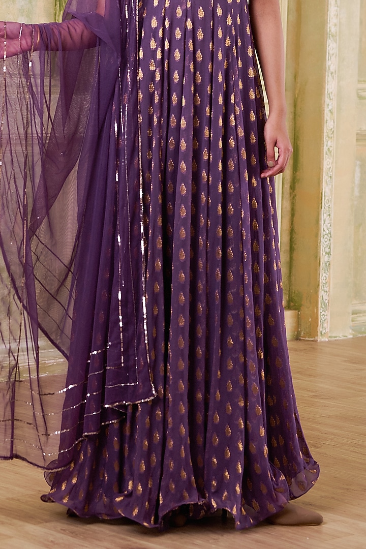 Plum Georgette Motif Embroidered Wedding Anarkali Set by Muditaa By Urmila at Pernia's Pop Up Shop