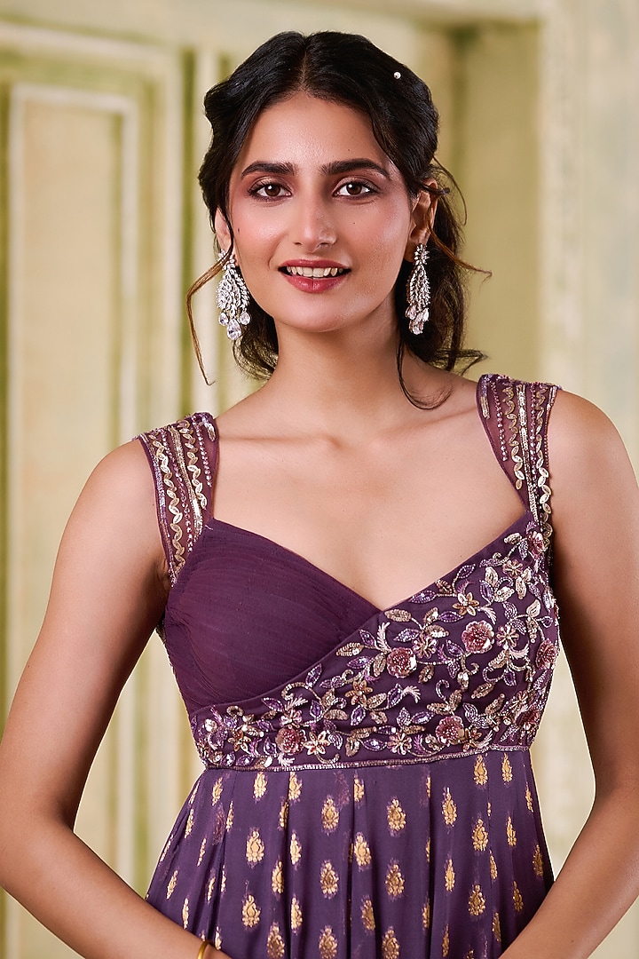 Plum Georgette Motif Embroidered Wedding Anarkali Set by Muditaa By Urmila at Pernia's Pop Up Shop