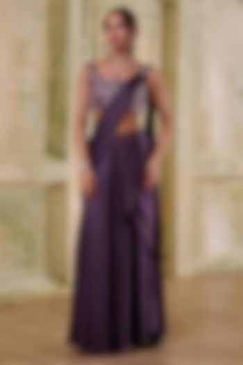 Plum Italian Draped Wedding Saree Set by Muditaa By Urmila at Pernia's Pop Up Shop