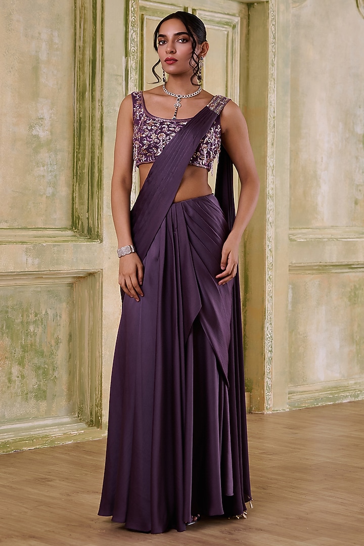 Plum Italian Draped Wedding Saree Set by Muditaa By Urmila at Pernia's Pop Up Shop