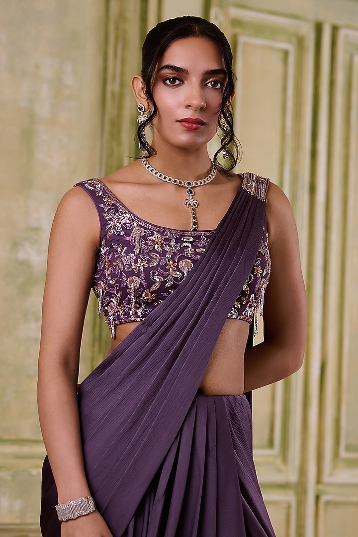Plum Italian Draped Wedding Saree Set by Muditaa By Urmila at Pernia's Pop Up Shop