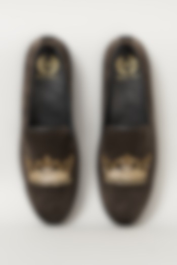 Brown Velvet Embroidered Handcrafted Slip-Ons by Modello Domani