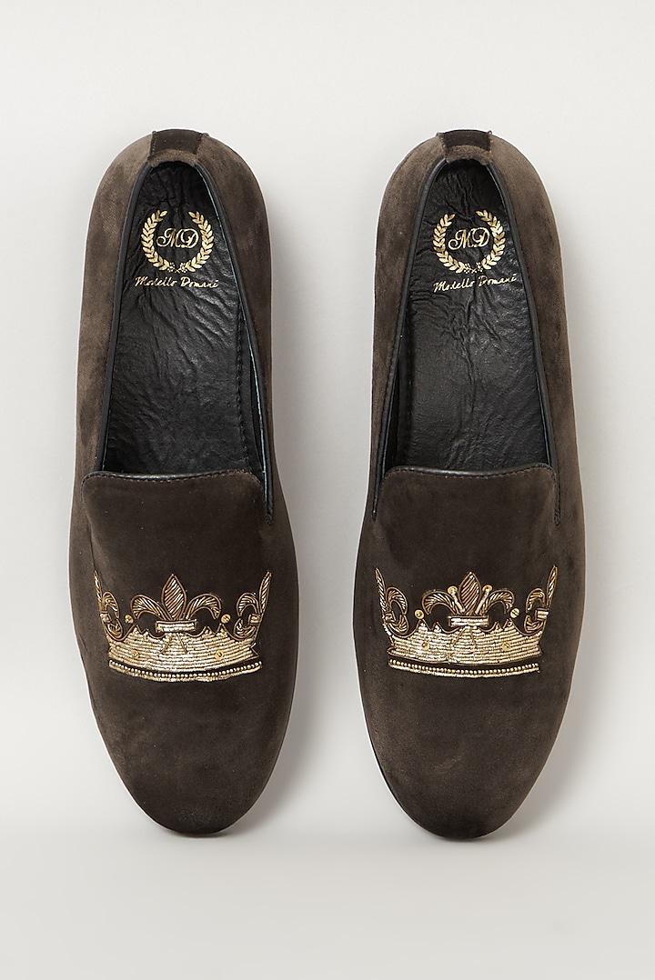 Brown Velvet Embroidered Handcrafted Slip-Ons by Modello Domani