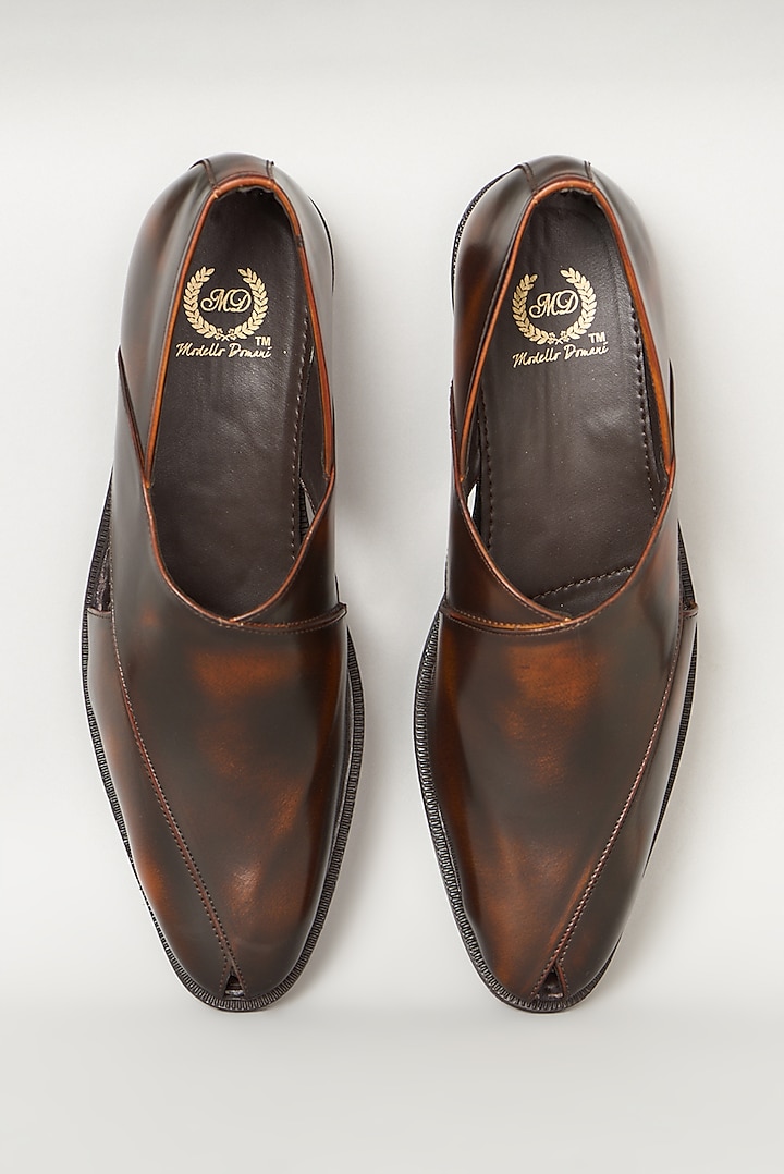 Tan Burnish Synthetic Leather Handcrafted Peshawari Slip-Ons by Modello Domani