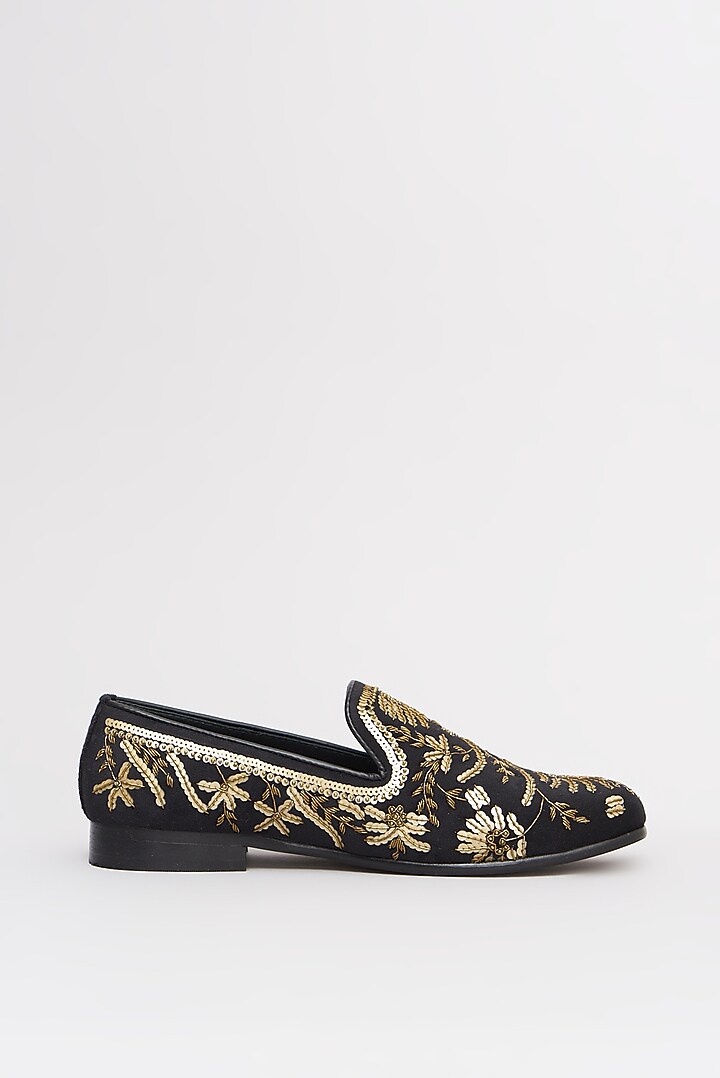 Black Velvet Embroidered Slip-ons Shoes by Modello Domani at Pernia's Pop Up Shop