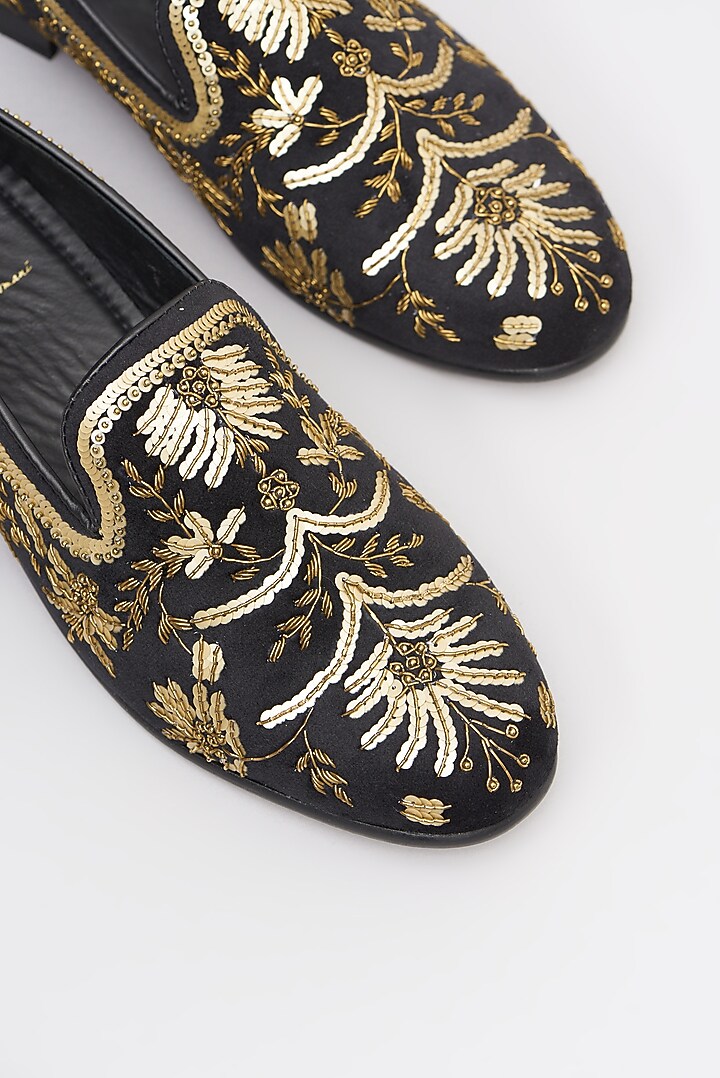 Black Velvet Embroidered Slip-ons Shoes by Modello Domani at Pernia's Pop Up Shop