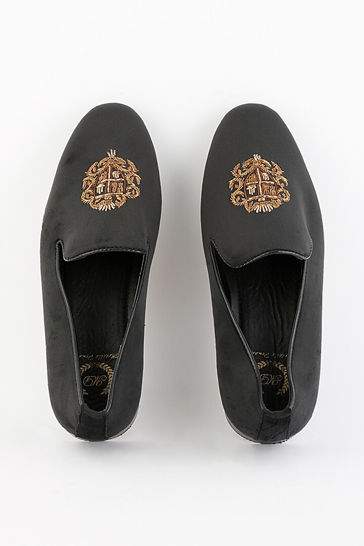 Black Velvet Handcrafted Embroidered Slip-On Shoes by Modello Domani