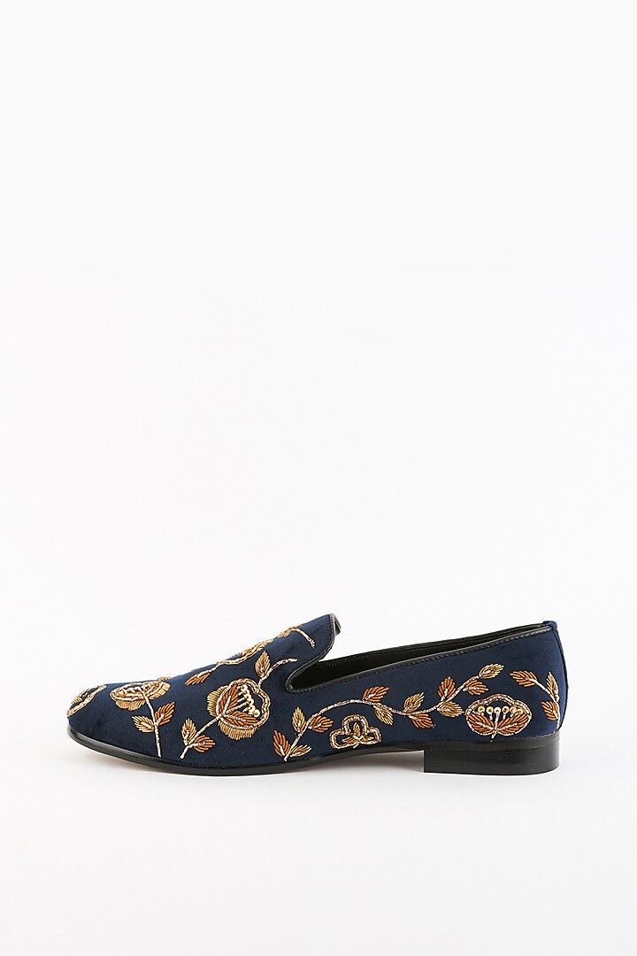 Navy Blue Velvet Embroidered Slip-On Shoes by Modello Domani at Pernia's Pop Up Shop