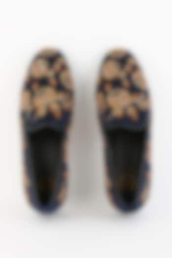 Navy Blue Velvet Embroidered Slip-On Shoes by Modello Domani