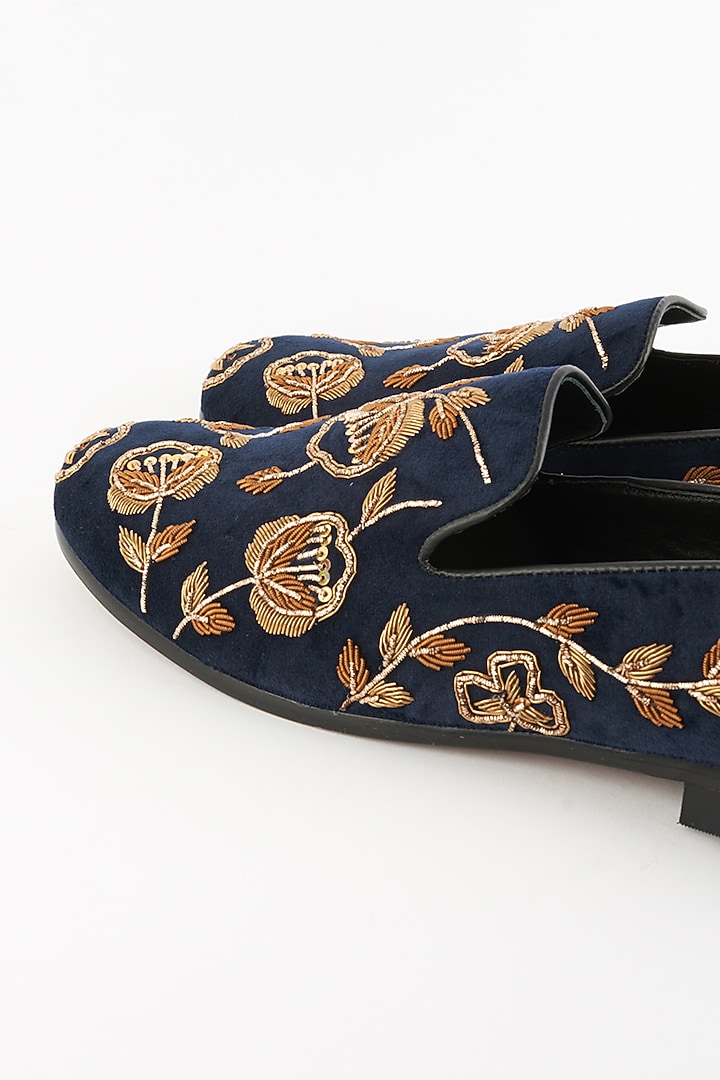 Navy Blue Velvet Embroidered Slip-On Shoes by Modello Domani at Pernia's Pop Up Shop