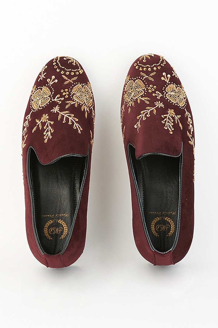 Wine Velvet Embroidered Slip-On Shoes by Modello Domani