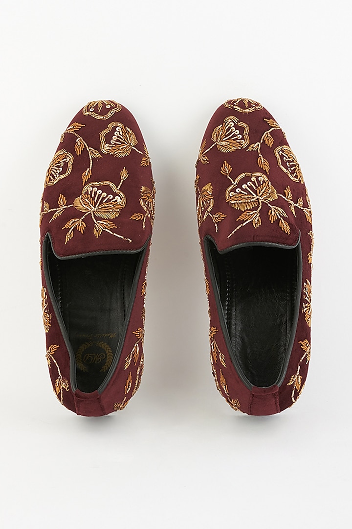 Wine Velvet Handcrafted Embroidered Slip-On Shoes by Modello Domani