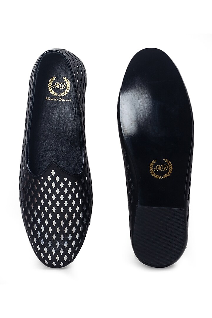 Black Leather Juttis by Modello Domani at Pernia's Pop Up Shop