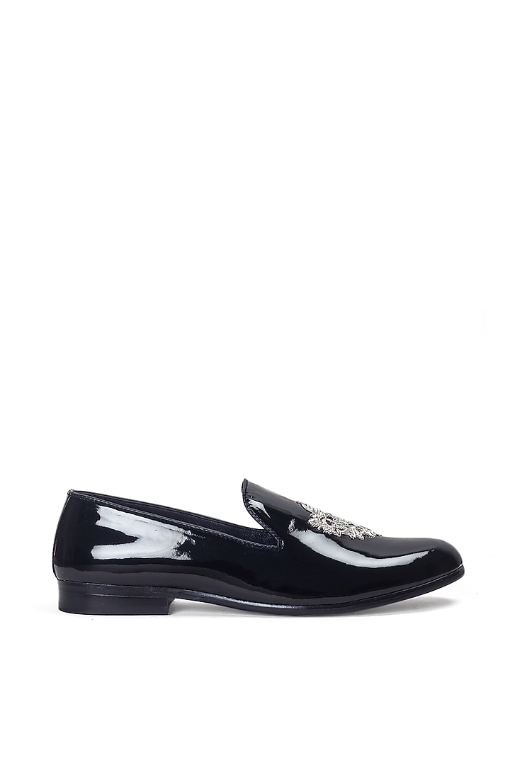 Black Leather Zardosi Embroidered Slip-Ons by Modello Domani at Pernia's Pop Up Shop