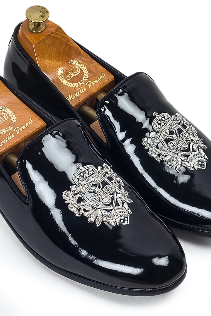 Black Leather Zardosi Embroidered Slip-Ons by Modello Domani at Pernia's Pop Up Shop