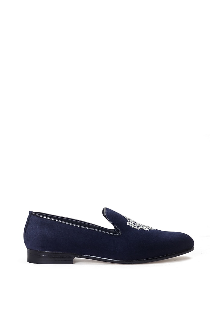 Navy Blue Velvet Zardosi Embroidered Slip-Ons by Modello Domani at Pernia's Pop Up Shop