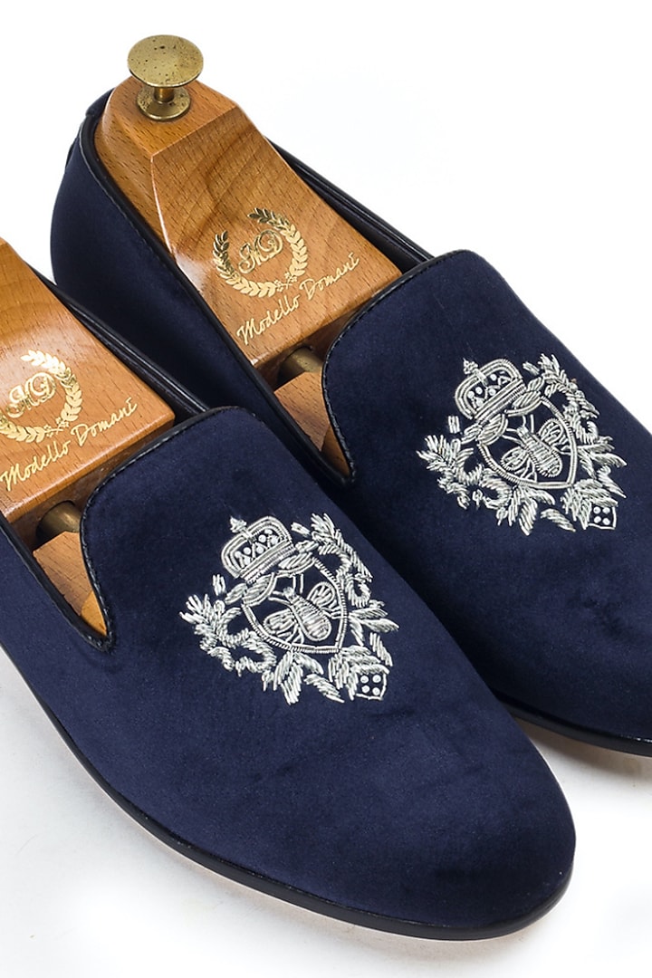 Navy Blue Velvet Zardosi Embroidered Slip-Ons by Modello Domani at Pernia's Pop Up Shop