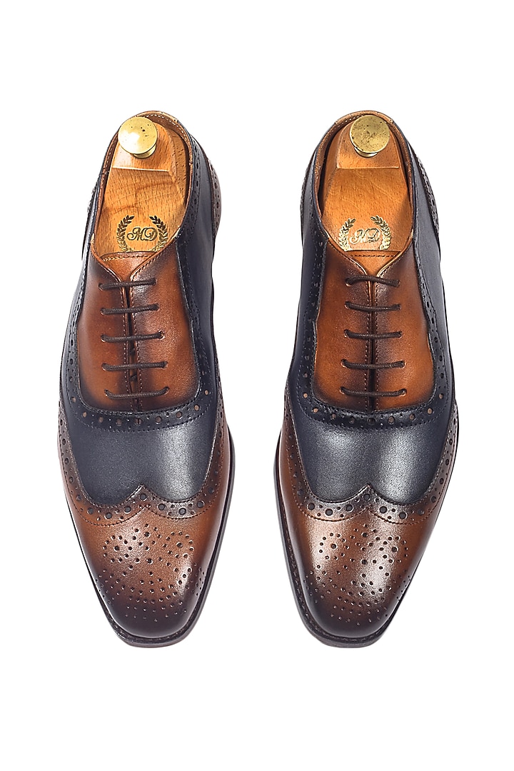 Tan & Navy Leather Handcrafted Brogue Shoes by Modello Domani at Pernia's Pop Up Shop