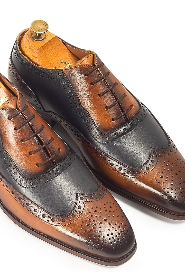 Tan & Navy Leather Handcrafted Brogue Shoes by Modello Domani at Pernia's Pop Up Shop