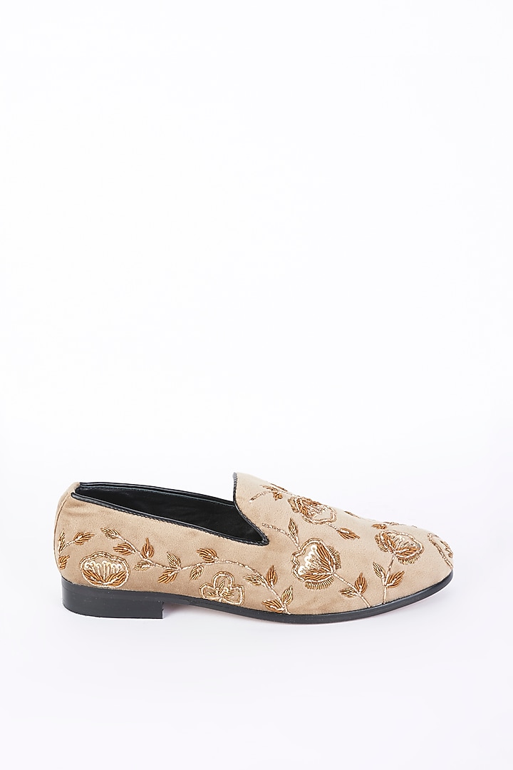 Beige Embroidered Handcrafted Slip-Ons by Modello Domani at Pernia's Pop Up Shop