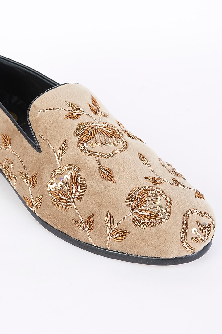 Beige Embroidered Handcrafted Slip-Ons by Modello Domani at Pernia's Pop Up Shop