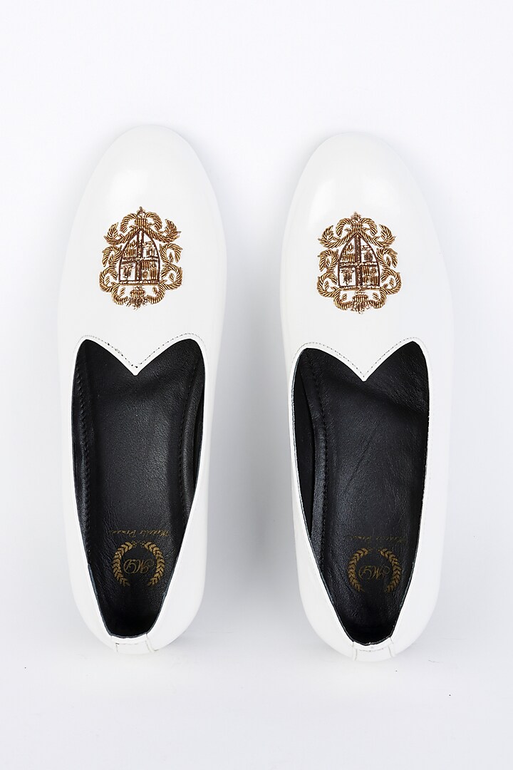 White Embroidered Handcrafted Slip-Ons by Modello Domani